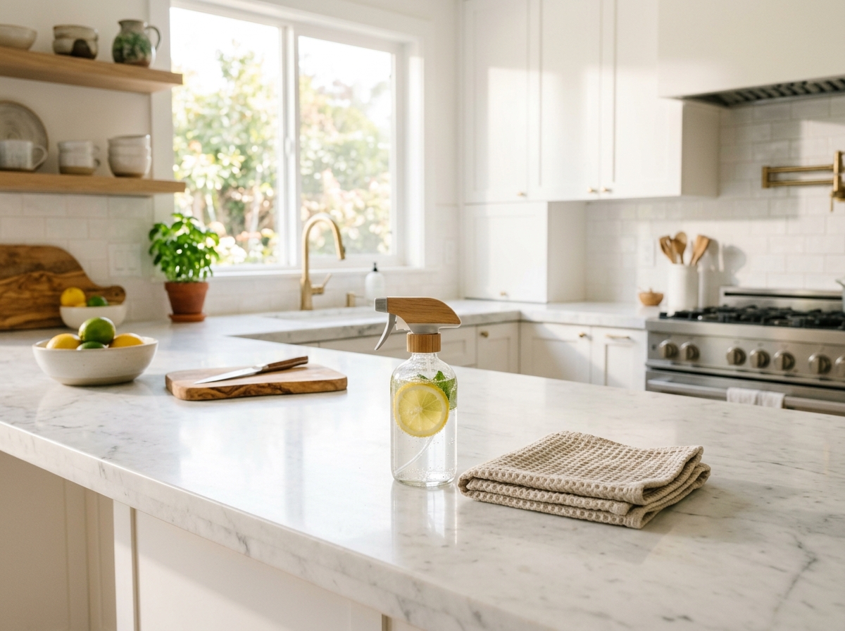 Spotless modern kitchen marble countertop with eco spray bottle and folded cloth