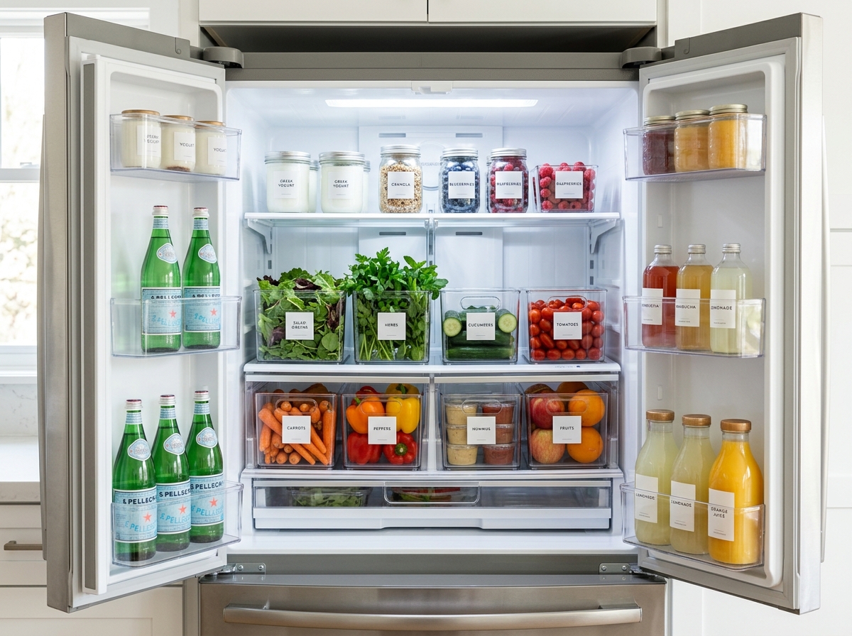 Impeccably organized refrigerator interior with clear acrylic bins and labeled jars