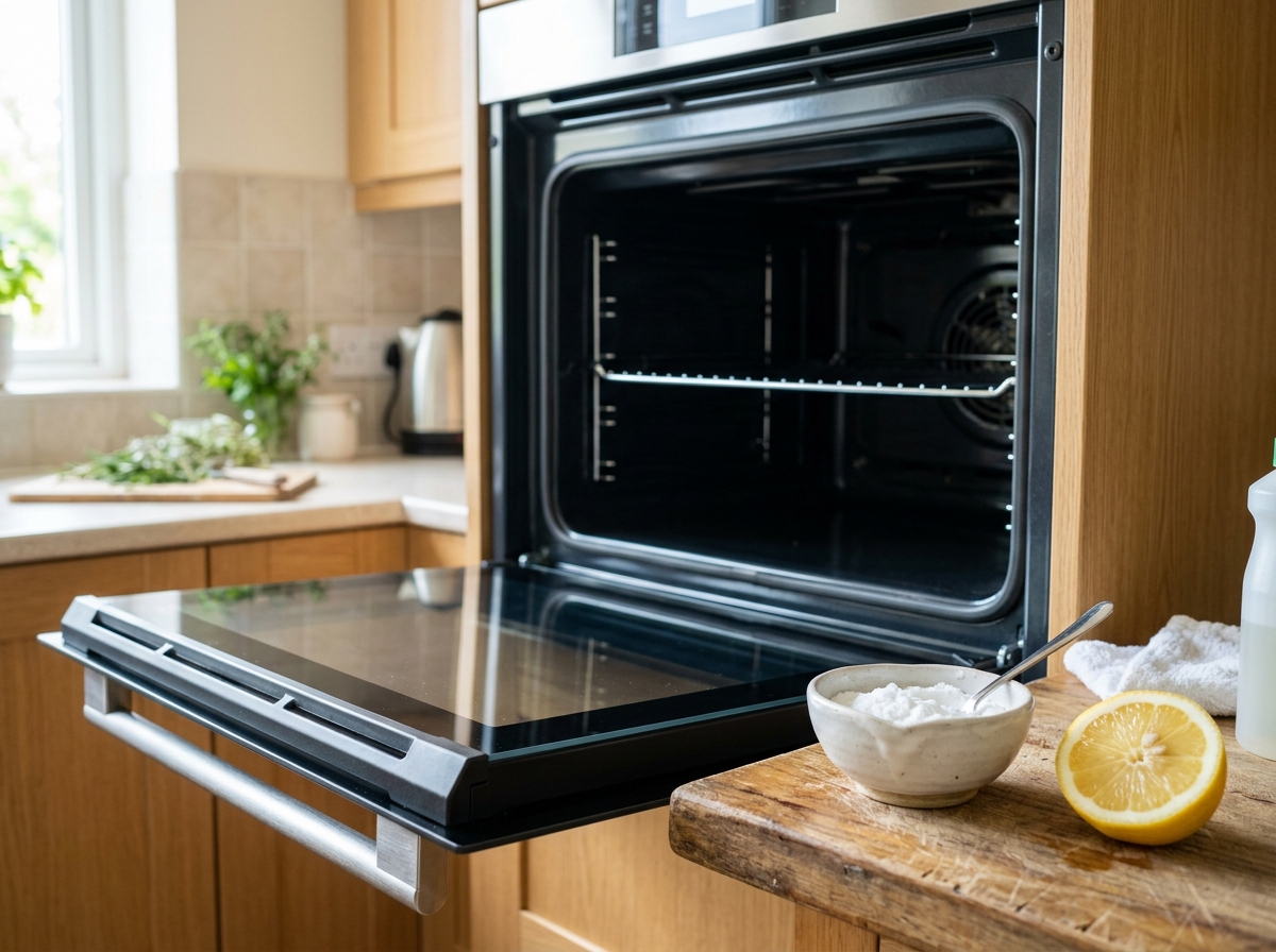 Open oven door showing gleaming spotless transparent glass with lemon and baking soda bowl